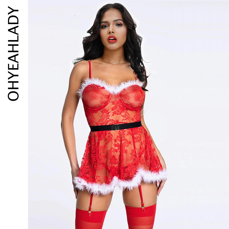 Ohyehlady Womens Christmas Eve Dress Red Lace Transparent Babydoll Sexy Underwear with Strap 241010