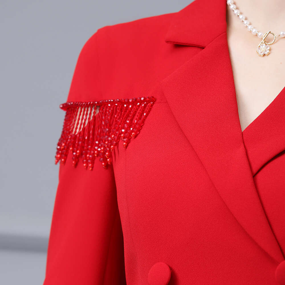 high-end suit collar nail bead tassel wrapped hip skirt 2024 spring new item light luxury temperament texture long sleeved dress