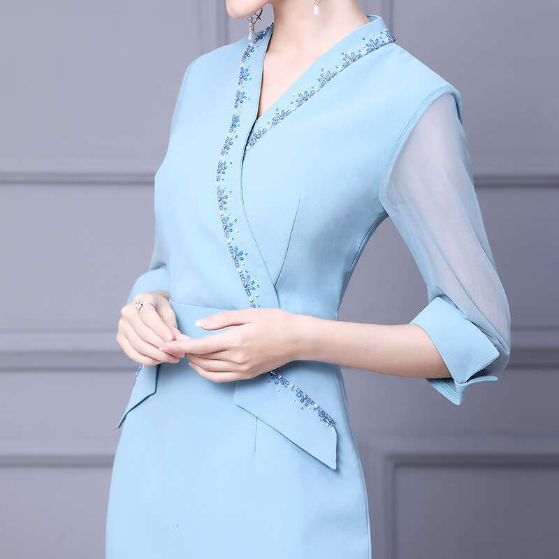 dress 2024 new autumn outfit nail bead seven quarter sleeve womens style waist cinching slimming fish tail skirt