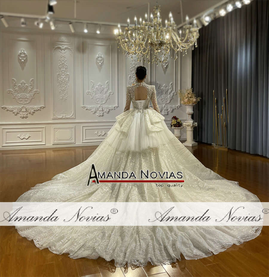 Long Sleeves Lace Bridal Dress Glitter Fabric