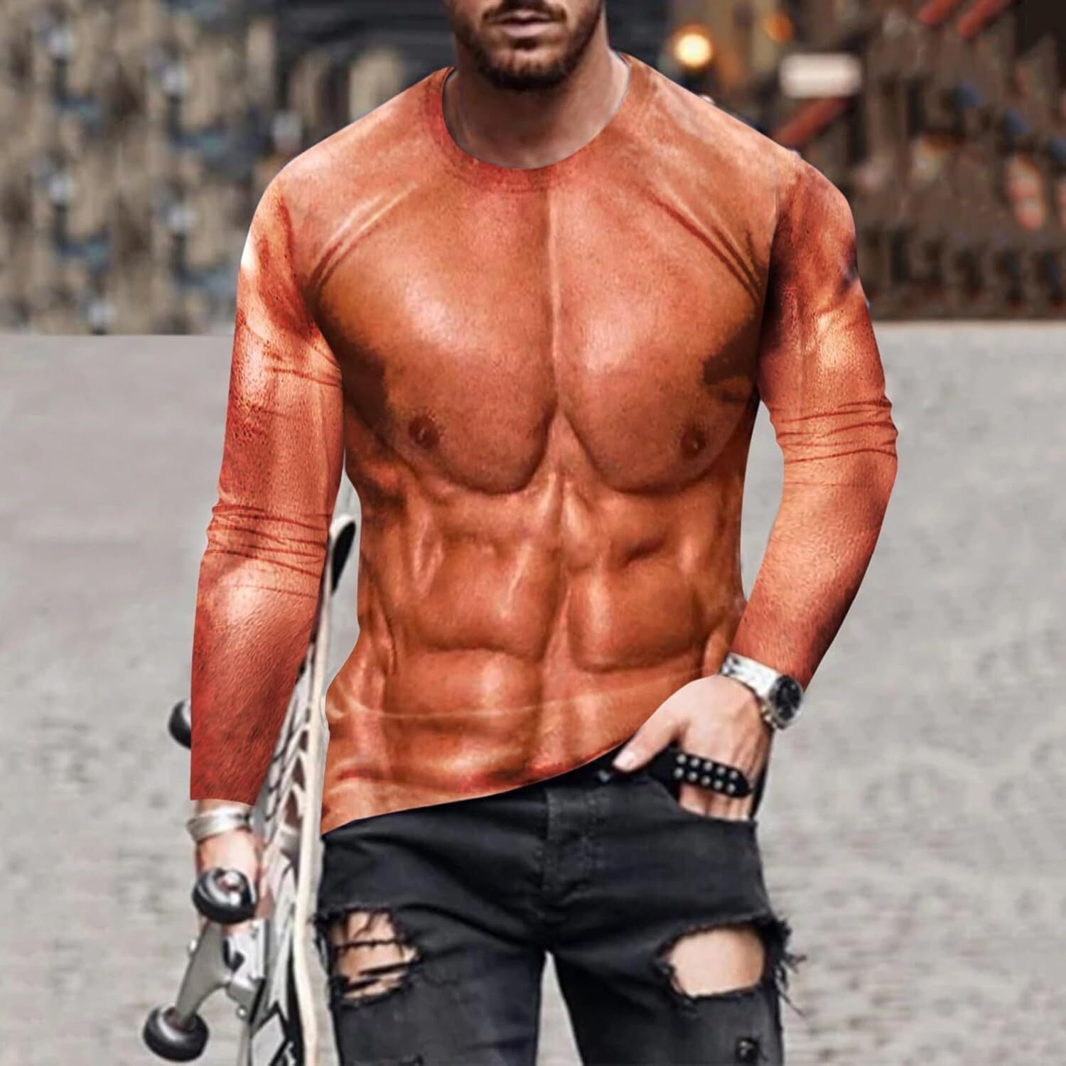 Long Sleeve Shirts for Men sweatshirt Men's 3D Print Fake Muscles Shirts Long Sleeve Crew Neck Workout Funny Novelty Graphic Pattern Pullover coo