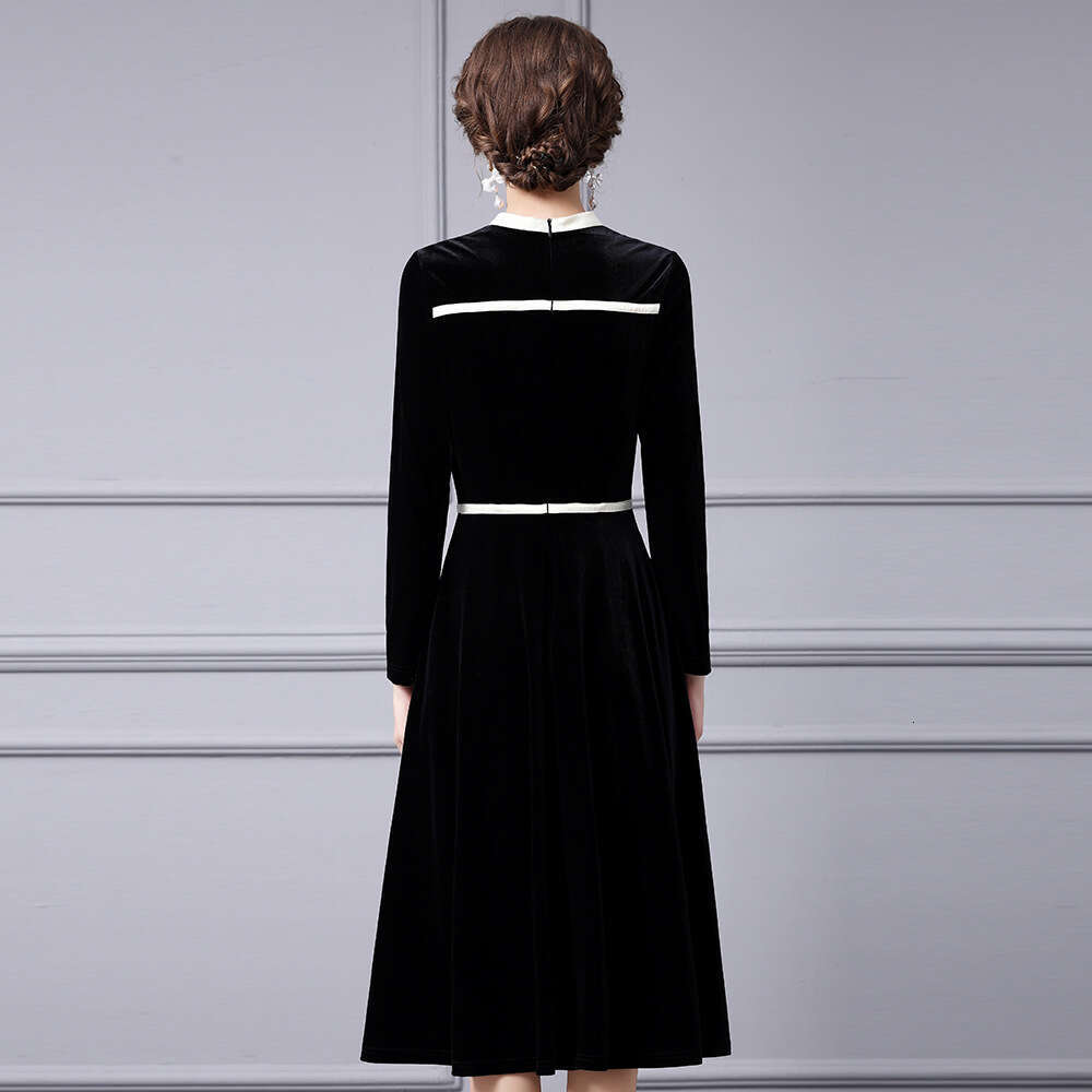 Black French Velvet Dress Autumn 2024 New Bow Contrast Bottom Skirt Medium Long