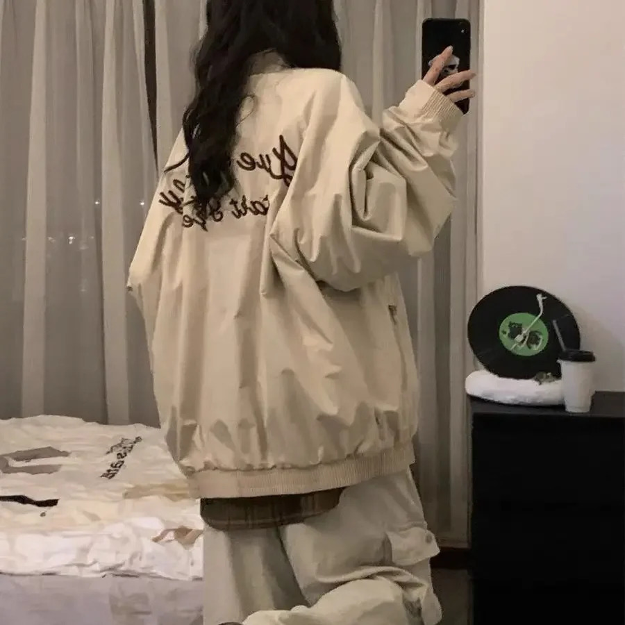 American retro cardigan jacket female autumn n feeling lazy wind baseball uniform loose casual niche couple top 241011