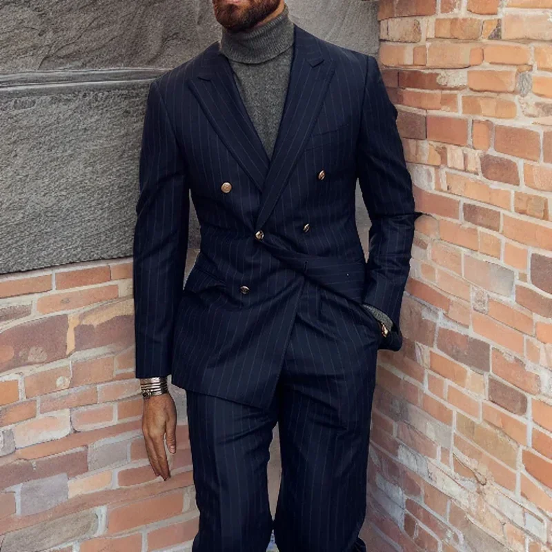 Stripe Men Suits Formal For Wedding Groom Tuxedo Double Breasted Business Slim Fit Fashion Costume (Jacket+Pants) 2024
