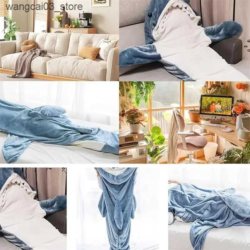 Blankets Swaddling 1pc New Shark Blanket For Adult Wearable Winter Warm Blanket Hooded Playsuit Onesie Funny Sleeping Bag For Slumber Party L240910