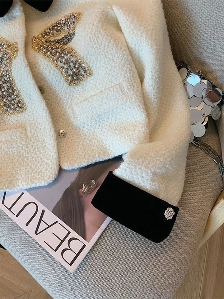 Spring Autumn Beading Tweed Cardigan Coat Jacket Office Lady Singlebreasted Elegant Outerwear For Women Loose Overcoat 241011