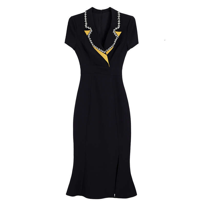 high-end summer dress suit collar nail diamond yellow waist slimming mid length fish tail skirt 2024 new style