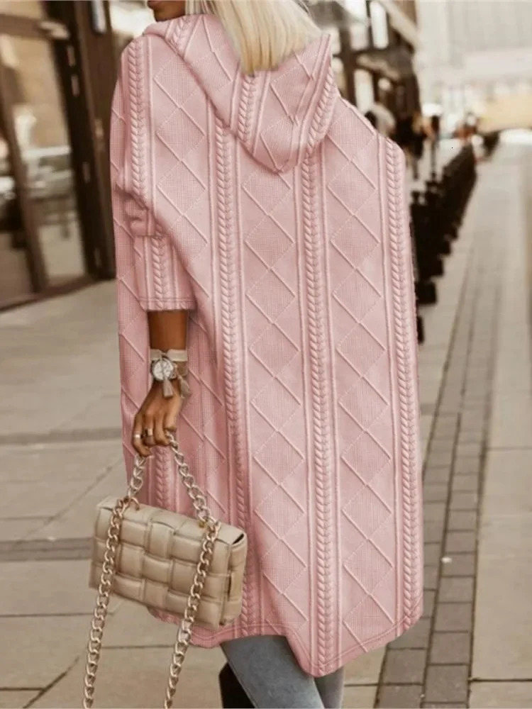 Autumn Winter Women Long Hooded Jacket Fashion Sleeve Sweater Cardigan Loose Jacquard Knited Casual Coat 241011