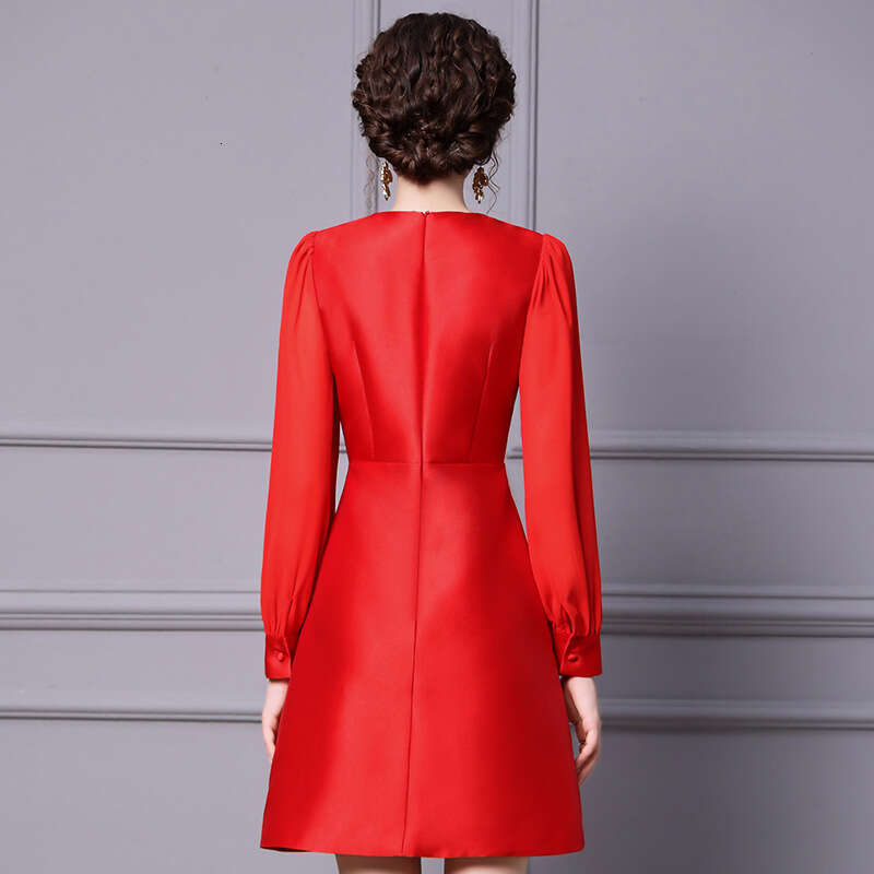 Short Autumn 2024 New Red Formal Occasion Bow Long Sleeve Dress