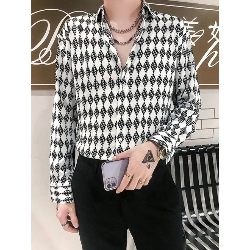 Spring and Autumn Fashion Pure Cotton Collar Long Sleeve Diamond Plaid Shirt Mens Trend Button Retro Shirt 241010 - view 3