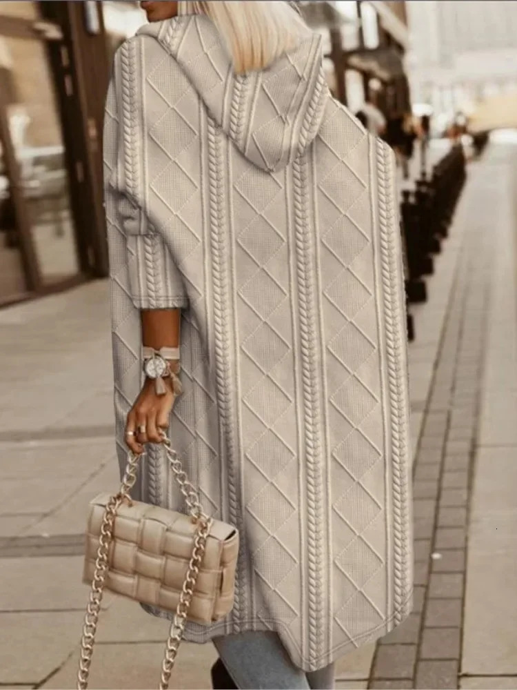 Autumn Winter Women Long Hooded Jacket Fashion Sleeve Sweater Cardigan Loose Jacquard Knited Casual Coat 241011