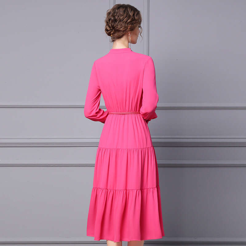 2024 autumn dress new gentle style long sleeved V-neck pleated lace up slimming mid length A-line skirt