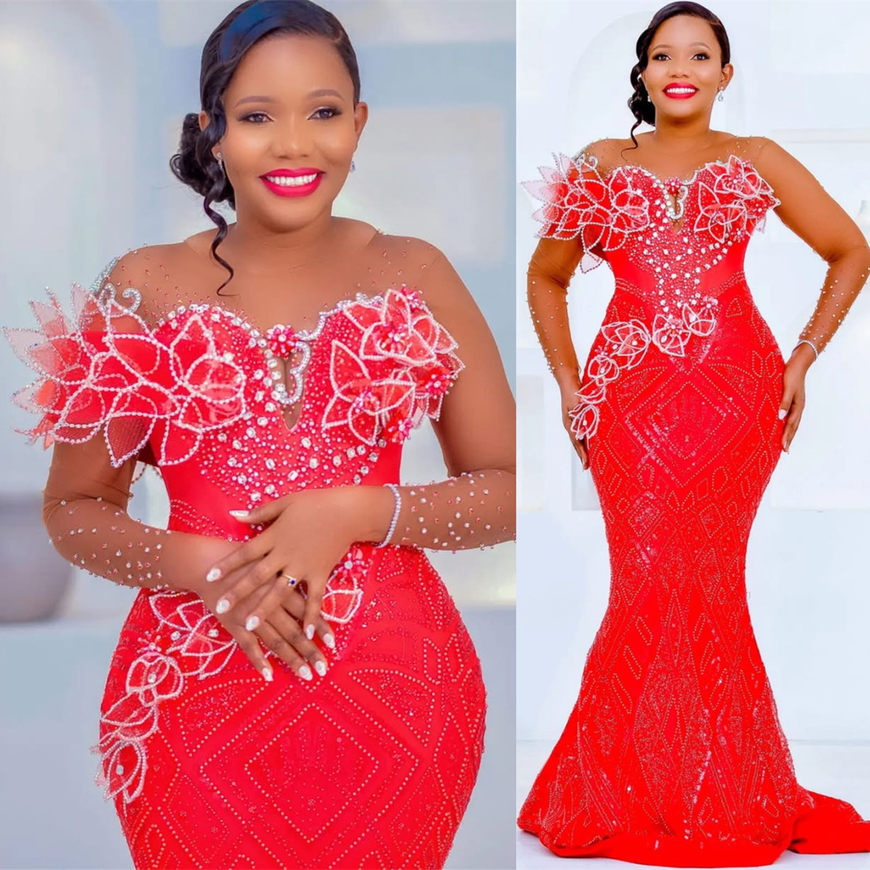 Aso Ebi 2024 Red Mermaid Prom Dresses Florals Rhinestones Sequined Lace Evening Formal Party Second Reception Birthday Gowns Dress For Special Occasio