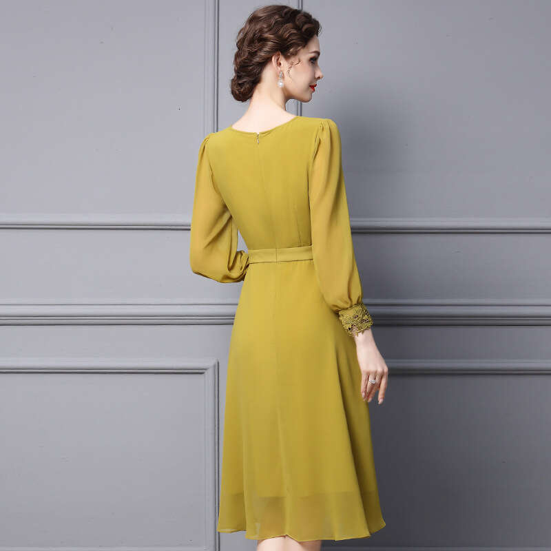 Smart elegant with long sleeves and gentle style. New autumn 2024 embroidered belly covering A-line dress for slimming