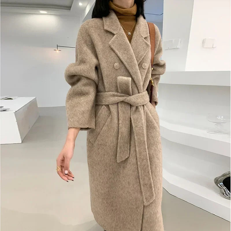 2024 Autumn Winter Wool Coat Women Doublebreasted Solid Color Womens Doublesided Woolen Belt Coats Loose Warm Jacket 240930