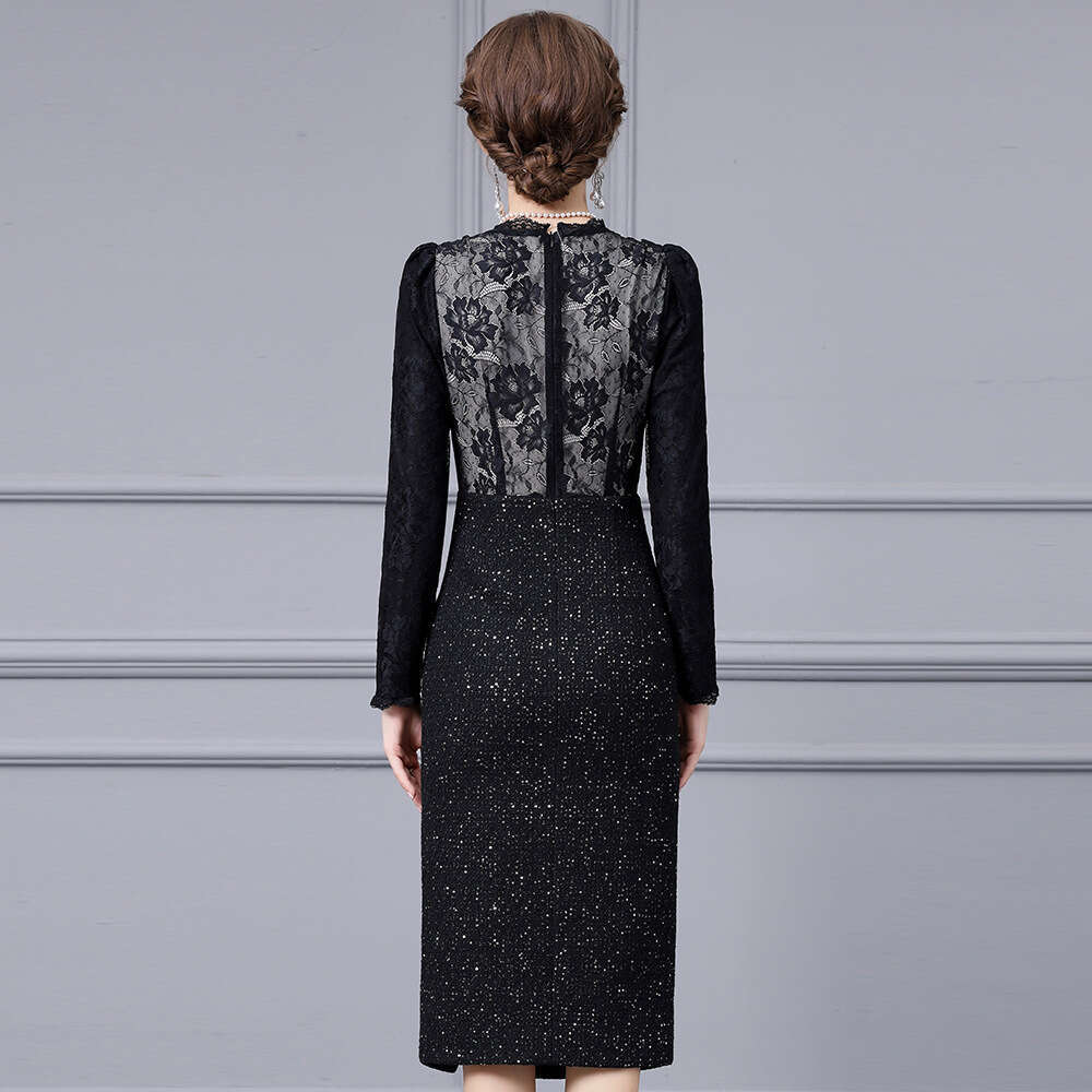 Black Lace Splicing Coarse Floral Bun Hip Skirt Mature Light Luxury Noble Womens Split Dress 2024 Autumn