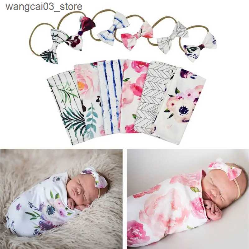 Blankets Swaddling Newborn Photography Prop Baby Blankets Printed Infant Boys Girls Sleeping Swaddle Muslin Wrap +Headband 2PCS L240910