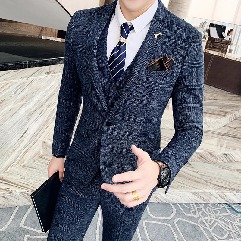 High Quality British Korean Modified Plaid Men suit Vest Trousers Stylish and Handsome Business Casual Threepiece Suit 241008