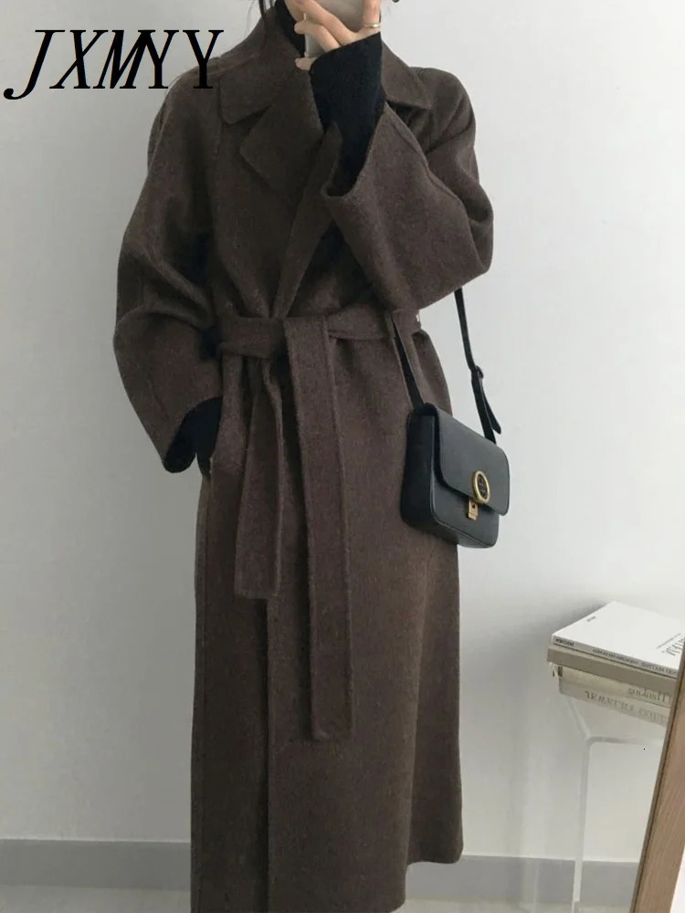 JXMYY French Lazy Style Warm Female Fresh Winter 2024 Classical Belt Retro Loose Women Woolen Coats Chic Casual Long Coat 240930