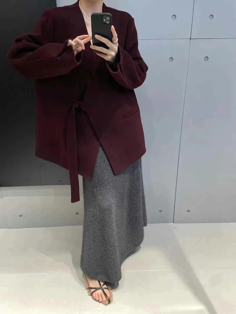 TWOTWINSTYLE Solid Patchwork Pockets Elegant Coats For Women V Neck Long Sleeve Spliced Button Loose Chic Jackets Female Fashion 241011