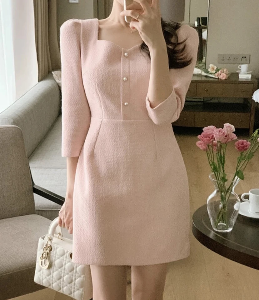 Square neckline coarse tweed puff sleeves mini dress elegant party white body black pink Korean club Vestido Curto Chic Botton autumn 241011