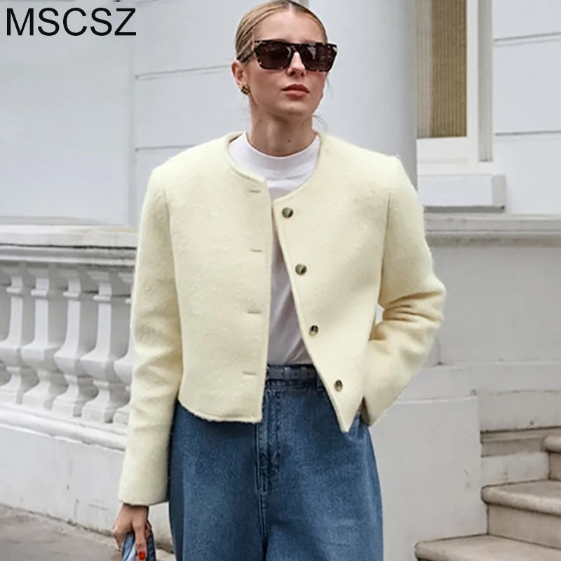 MSCSZ crop coarse woolen jacket womens round neck single chest elegant jacket autumn fashion short jacket jacket 240930