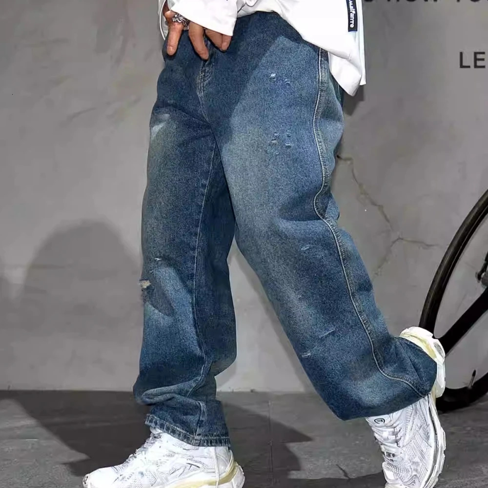 American retro blue ripped pocket jeans streetwear skateboarding denim pants mens clothing Harajuku fashion casual 241008