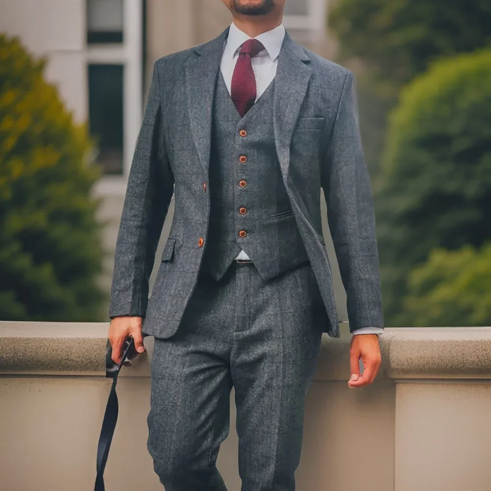 Wool Herringbone Wedding Suits For Men Gentleman 3 Pcs Tweed Groom Wedding Tuxedo 2024 Business Suit Jacket With Vest Pants