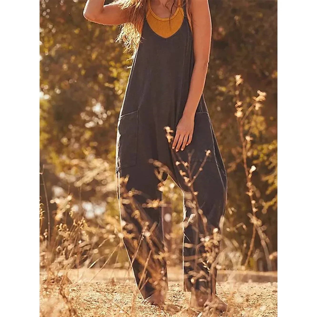 Summer Womens Casual Fashion Solid Color Suspender Pocket Jumpsuit Onepiece Pants Model Back 241007