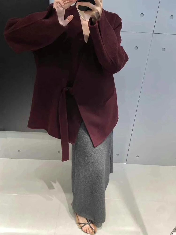 TWOTWINSTYLE Solid Patchwork Pockets Elegant Coats For Women V Neck Long Sleeve Spliced Button Loose Chic Jackets Female Fashion 241011