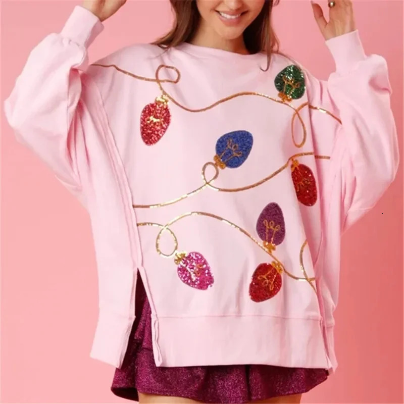 Imcute Women Sequin Christmas Light Sweater Oversized Long Sleeve Sweatshirt Side Slit Sparkly Glitter Shirts Jumper Tops 241011