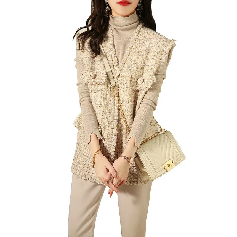 Tweed Wool Vest Spring Fashionable White Gold Silk Sequined Knitted for Women Autumn winter 241011