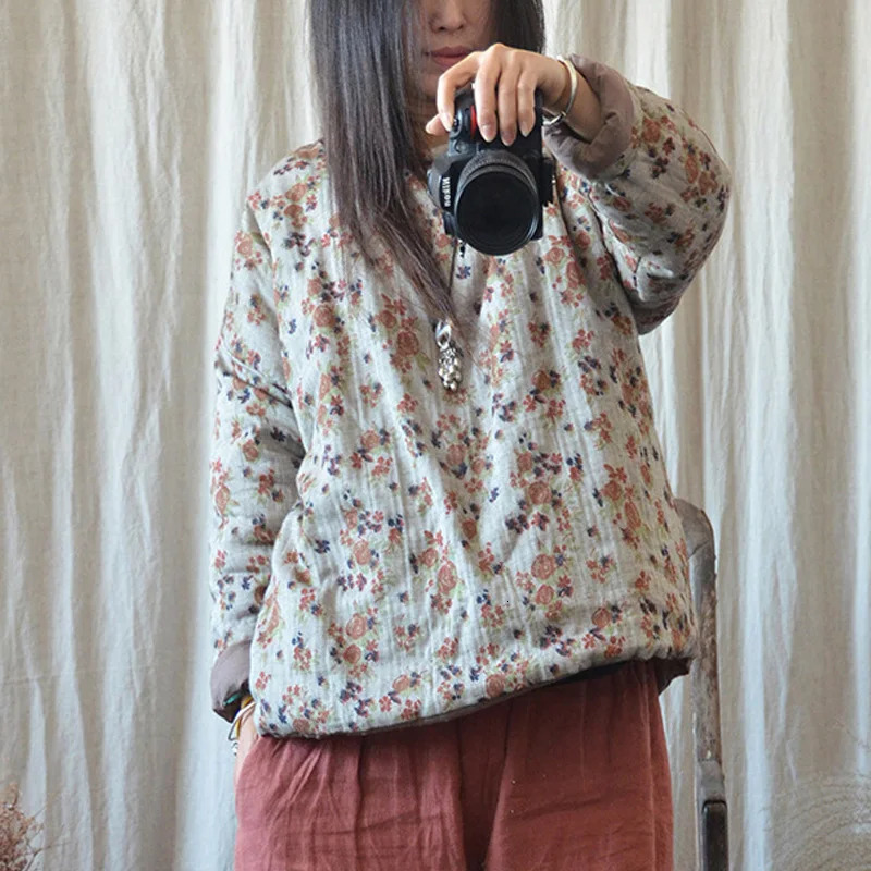 Johnture Womens Autumn Pullover Parkas Warm Coat O-neck Long Sleeve Retro Printed Flower Autumn Clothing Womens Parkas 241007