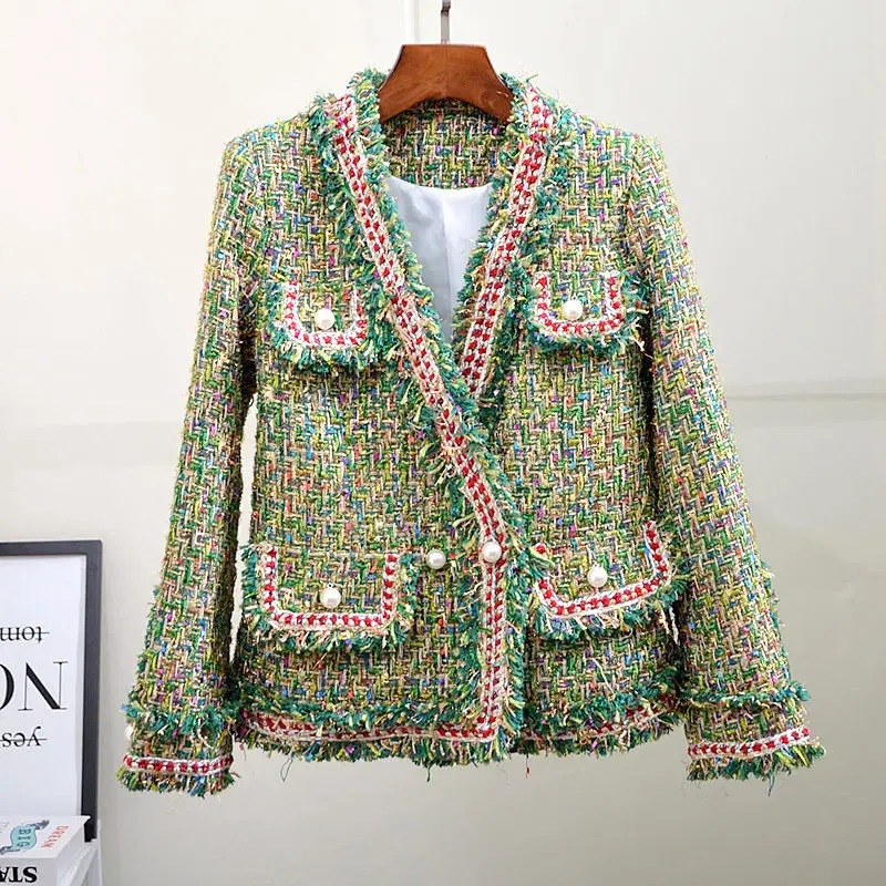 Autumn Winter Heavy Industry Tweed Jacket Women Overcoat Fashion Weave Slim Casual Woolen Casaco Female Short Tops 241011