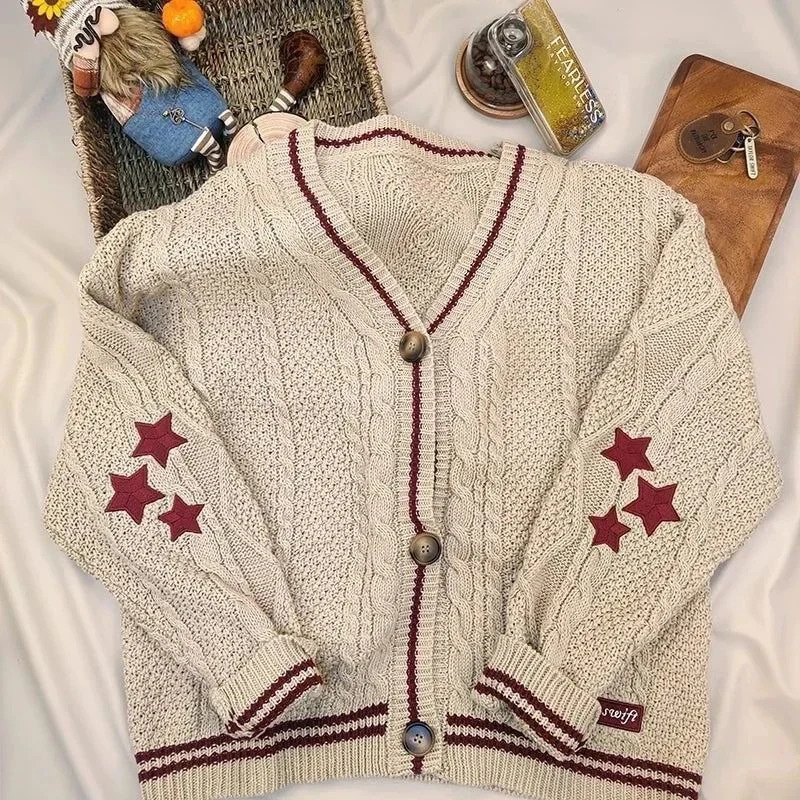 Black Knit Print Women Cardigan Korean Sweet Loose Star Long Sleeve Female Sweater Autumn Preppy Style V Neck Ladies Tops 241009