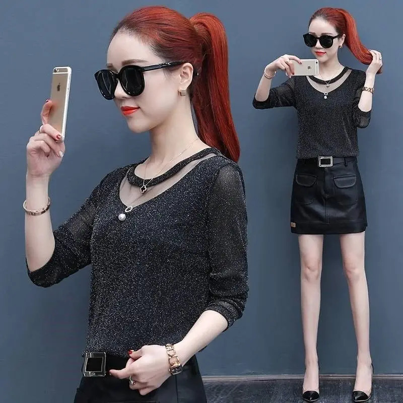 Net Yarn Patchwork Slim Bottoming Shirt Spring Long Sleeve Solid Color Hollow Out T Tops Elegant Vintage Women Clothes 241011