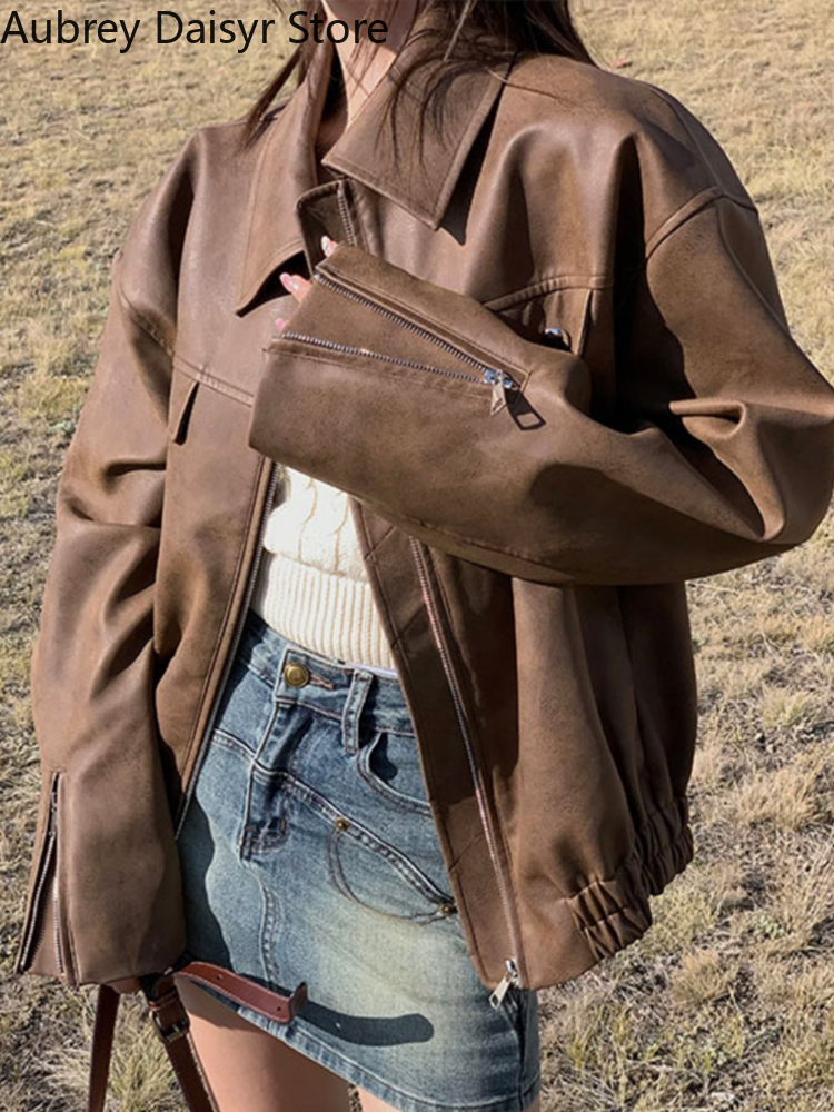 Autumn Brown Women Streetwear Moto Biker Zipper Coat Female Winter Warm Punk Style Leather Jacket 2023