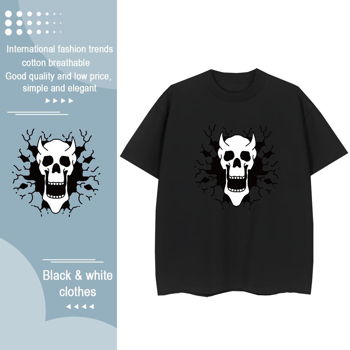 2024 Casual T-Shirts 100% Cotton 230g Crew Neck Beach skull Women Tees Popular Black Oversized Clothings