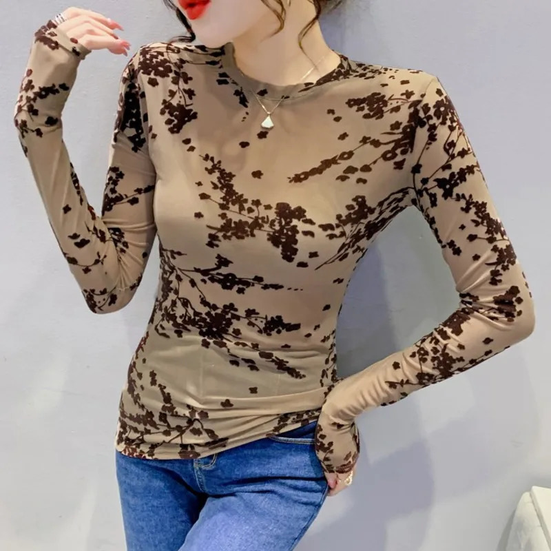 #7943 Khaki Green Skinny Perspective Mesh T Shirt Women Sexy Tshirt Femme Thin Long Sleeve Woman Oneck 241011