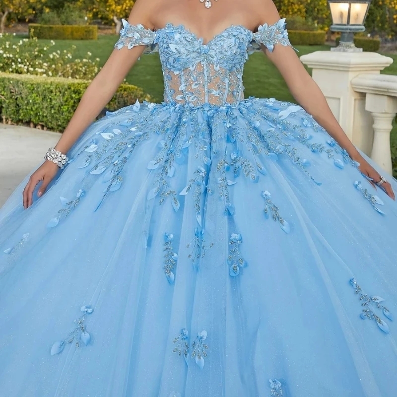 Luxury Sky Blue Princess Quinceanera Dresses Beading Appliques Lace Party Birthday Dress Tulle Sweet 16 Dress Vestido De 15 Anos