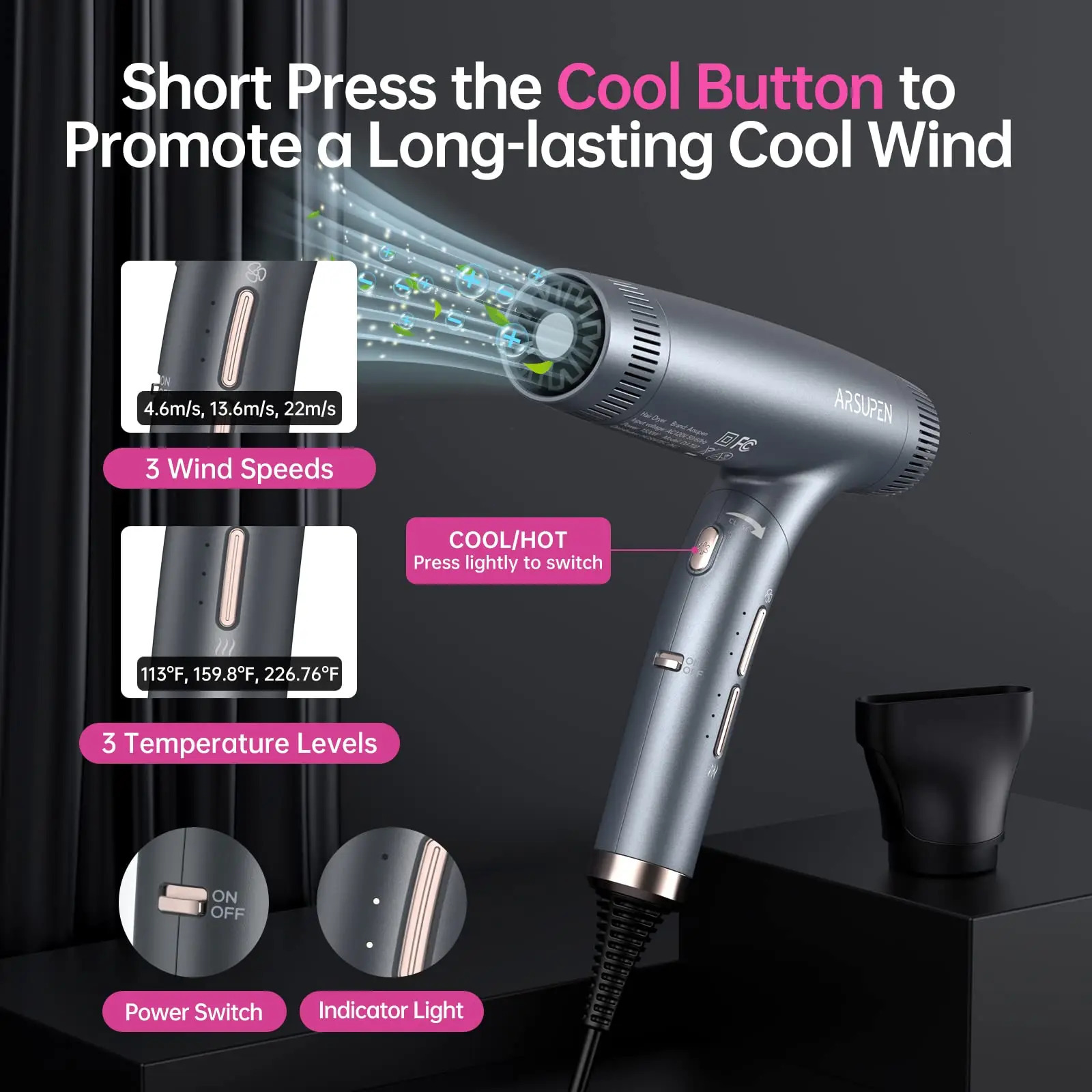 Foldable Hair Dryer 1600w Ultra-Fast Drying Ionic Technology 12 Adjustment Modes Low Noise Auto Clean 241009