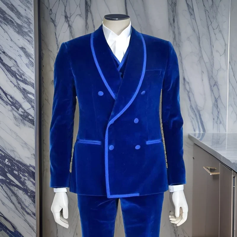 Velvet Men Suits 2024 Slim Fit Double Breasted Groom Tuxedos For Wedding Royal Blue Smoking Jacket ( Blazer +Pants+Vest )