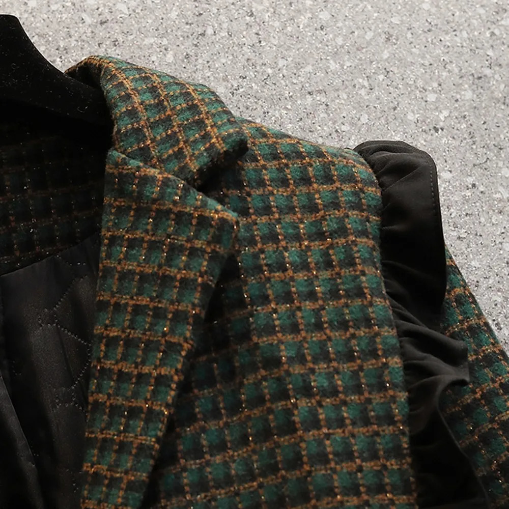 Winter Coat Women Woolen Cloth Plaid Blazer Vintage Oversized Green Checked Thicken Warm Ladies Tweed Jacket Female Wool Coats 241011
