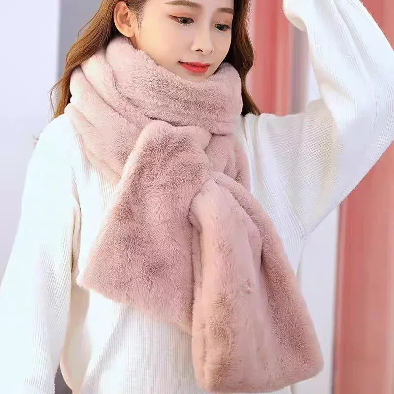 Korean rabbit fur scarf for winter warmth thick double-sided collar elegant womens plush scarf solid color collar protector 241007