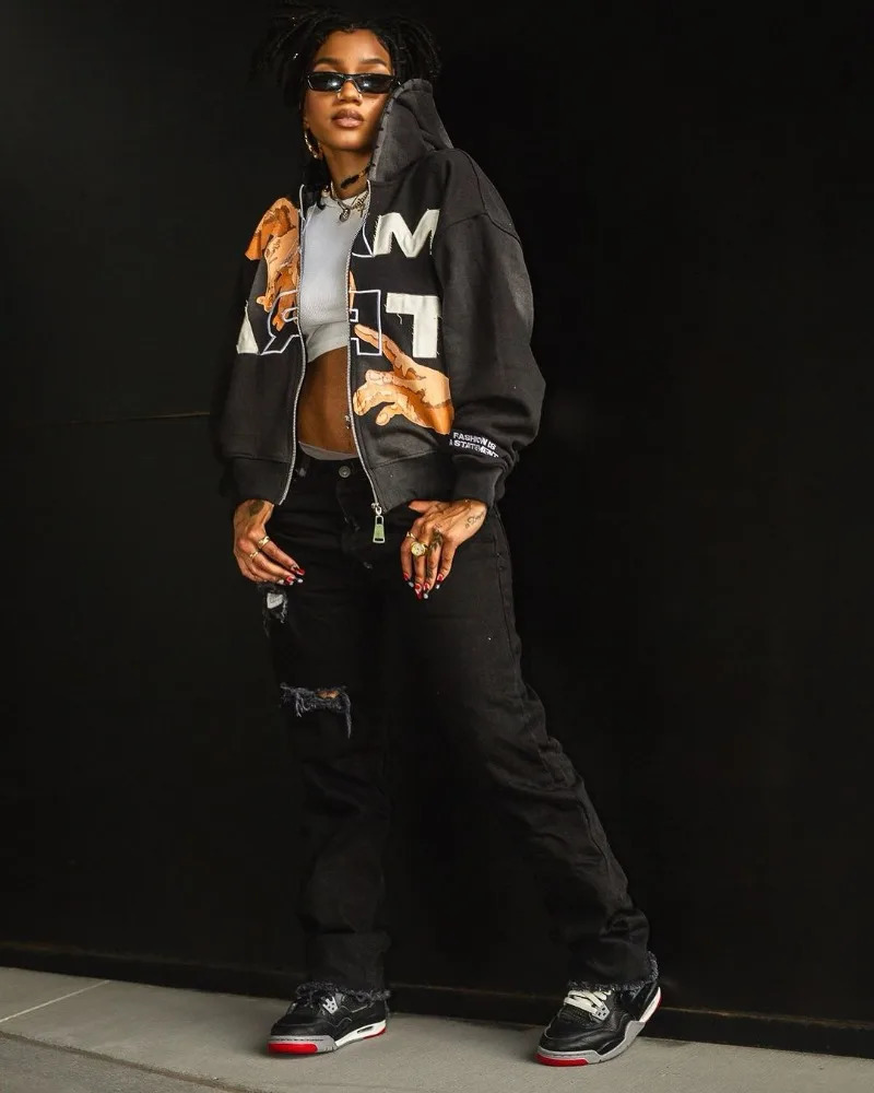American fashion Xin Palm printing super large hooded sweatshirt mens Y2k street retro casual loose zipper womens 241009