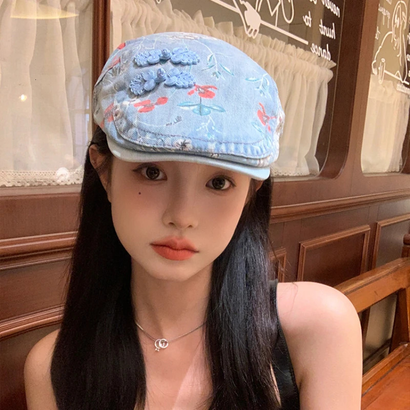 Chinese Style Retro Button Denim Berets for Women Spring and Summer Fashion Flower Print Versatile Casual Forward Hats 241009