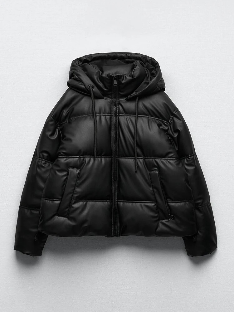Winter Women Faux Leather Puffer Jacket 2024 Warm PU Snow Hooded Parka Female Casual Loose Coat Zipper Long Sleeve Overcoat 241010