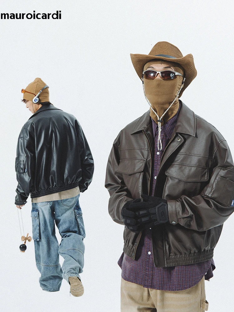 Mauroicardi Spring Autumn Vintage Cool Black Brown Soft Pu Leather Moto Jacket Men Zipper Pockets Cargo Clothes 241011
