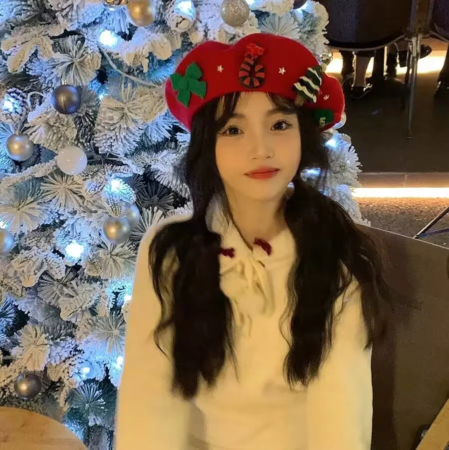 Fashion Hat Y2k Holiday Millennium Sweet Sister Winter Warm Wool Tweed Beret Cap Women Christmas Red Painter Party 241009