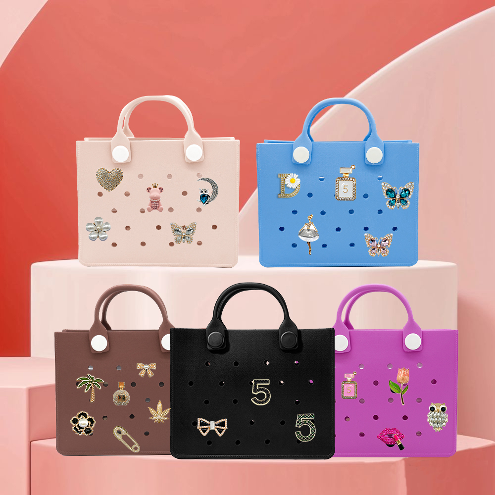 EVA Waterproof Beach Large Tote Fashion Casual Zipper Shoulder Bag Travel Outdoor Picnic Handbag For Women Holes Fit Charms
